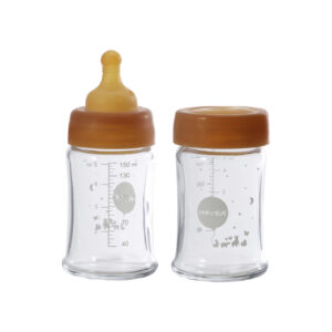 HEVEA Glazen Babyfles – Wijde Hals, Natuurrubber Speen & Deksel